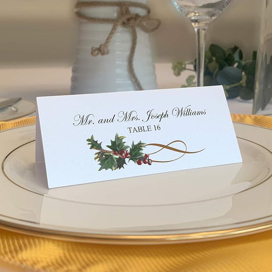 Christmas and Holiday Holly Swirl Place Cards, Set of 25, Pre-cut and Scored - Wedding, Party, Dinner, and Special Events - Made in the USA