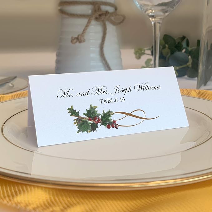 Christmas and Holiday Holly Swirl Place Cards, Set of 150, Pre-cut and Scored - Wedding, Party, Dinner, and Special Events - Made in the USA
