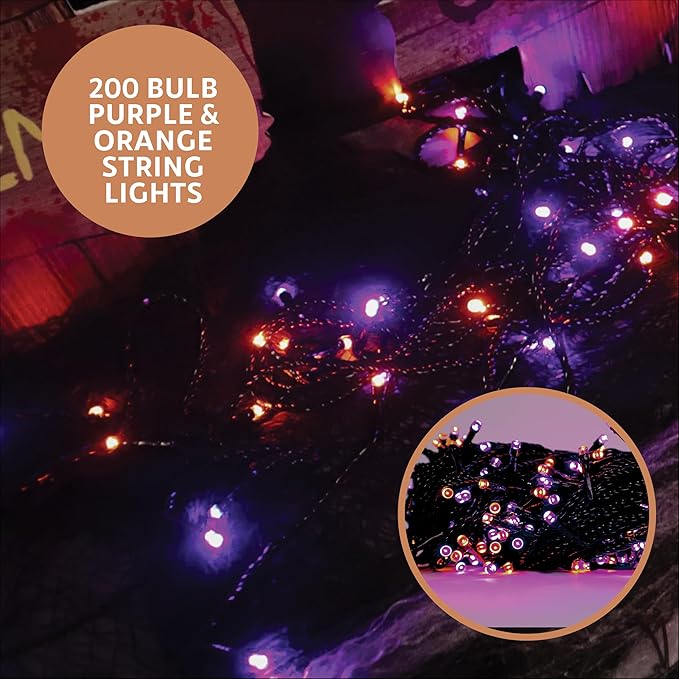 50 Piece Halloween Decorations Outdoor Set, All Included Decor Kit, Hanging Skeleton Ghost, Purple & Orange String Lights, Spider Webs, Creepy Cloth, Caution Tape, Pumpkin Lights, Yard & Door Signs