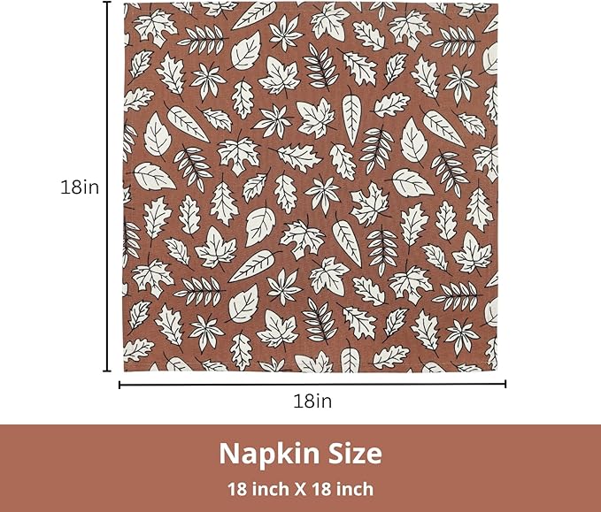 PurpleEssences Fall Harvest Thanksgiving Napkins 18x18 Inch, Set of 6-100% Cotton Autumn Leaves Print - Reusable, Washable Dinner Napkins for Home, Kitchen & Parties - Heap of Autumn