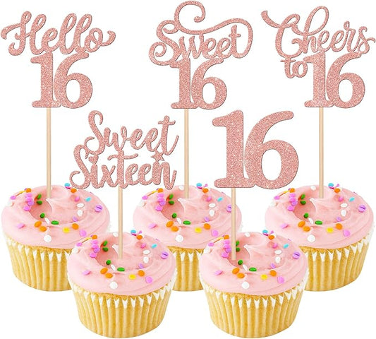 30PCS Happy 16th Birthday Cupcake Toppers Glitter Sweet Sixteen Hello 16 Cupcake Picks Cheers to 16 Birthday Decorations for 16th Anniversary Party Cake Decoration Supplies Black