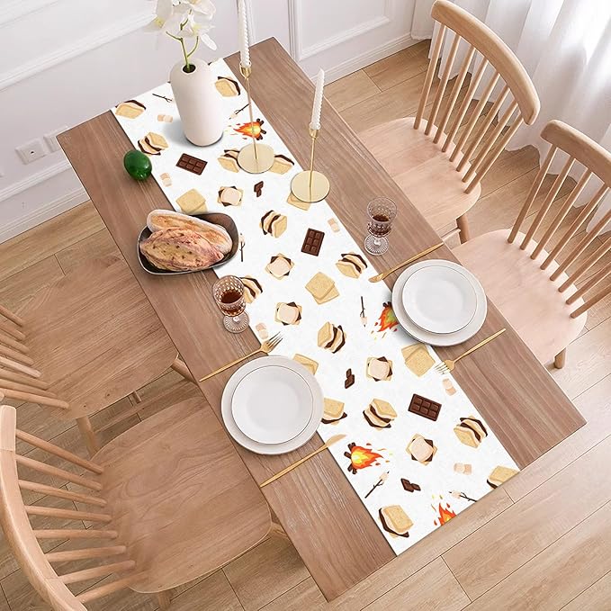 S'Mores Table Runner Bonfire Camping Party Decoration Dessert Birthday Dining Room Home Kitchen Table Decor (13" x 108")