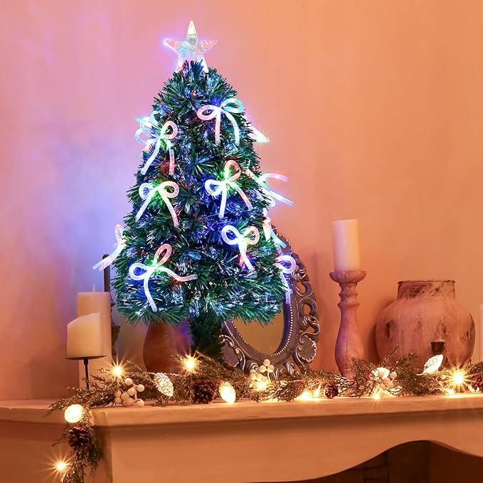 Joyhalo 3 FT Fiber Optic Mini Christmas Tree, Pre Lit Christmas Tree, Table Top Small Christmas Trees with Star Tree Topper，Bows, Metal Stand