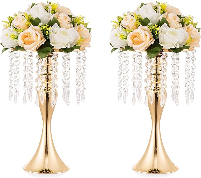 2 Pcs Gold Vases for Centerpieces, 13.8in Crystal Flower Arrangement Stand, Wedding Centerpieces for Tables, Tall Metal Flower Vase Holders for Wedding, Event, Reception, Birthday, Home Decor