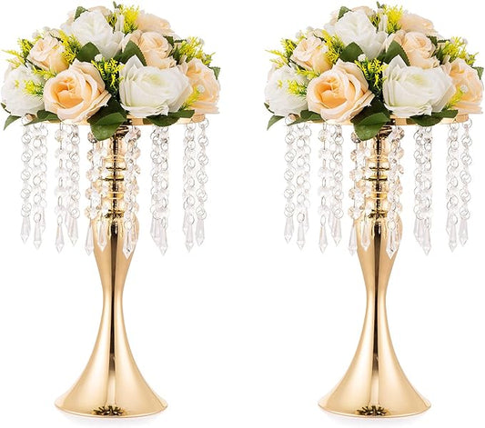 2 Pcs Gold Vases for Centerpieces, 13.8in Crystal Flower Arrangement Stand, Wedding Centerpieces for Tables, Tall Metal Flower Vase Holders for Wedding, Event, Reception, Birthday, Home Decor