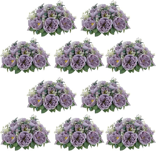 NUPTIO Artificial Flowers Ball Centerpieces: 10 Pcs 9.8 Inch Diameter Fake Kissing Rose Floral Balls for Wedding Party Bridal Shower Valentine Home - Purple Bouquet Arrangement Decorations for Table