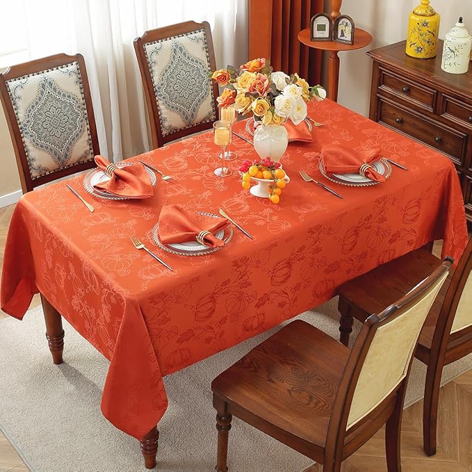 SASTYBALE Fall Tablecloths for Rectangle Tables, Jacquard Thanksgiving Table Cloth with Pumpkins and Vines, Stain Resistant Table Cover for Harvest, Dining, Party Decor (Rectangle, 60" x 102", Rust)