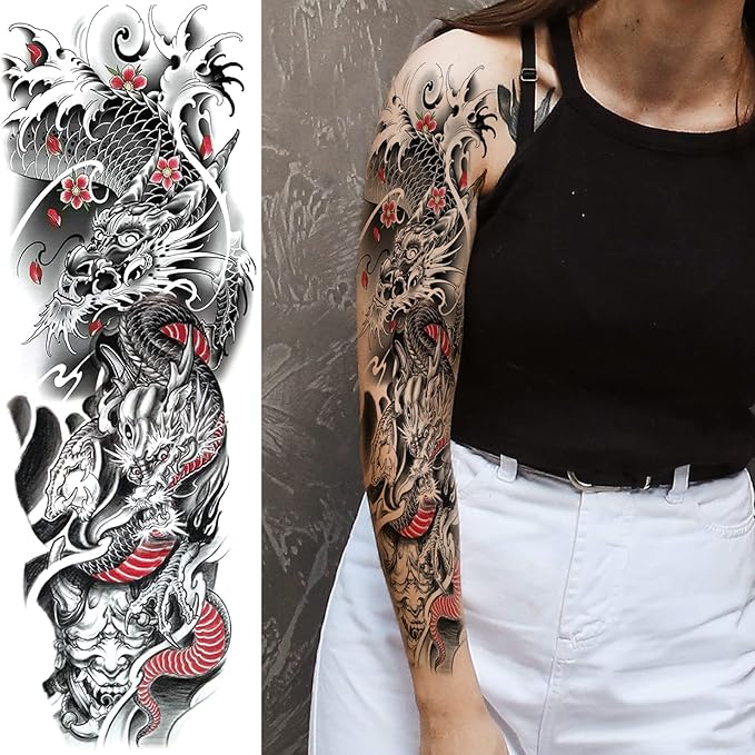 Color Animal Temporary Tattoo Sleeve for Women Leg, 4-Sheet Full Arm Realistic Tiger Dragon Bear Fake Tattoo Sleeve Adult Girl and 4-Sheet Large Colorful Half Temp Tatoo Sticker Thigh Makeup Body Art
