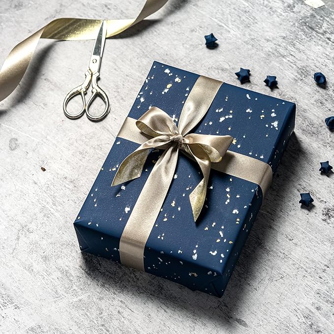 WRAPAHOLIC Navy Blue Wrapping Paper Roll - Mini Roll - 17 Inch x 16.5 Feet - Navy Blue Gold Design with Silky Touch Perfect for Birthday, Wedding, Baby Shower, Holiday