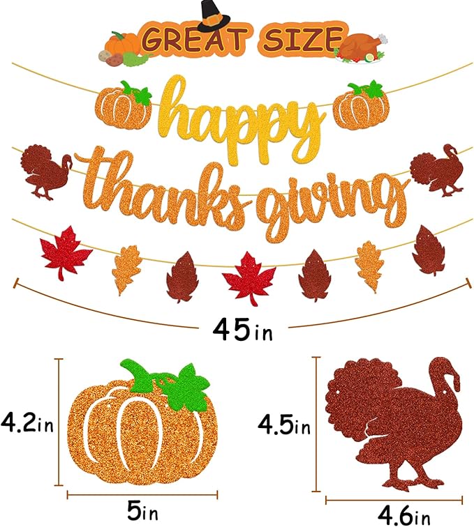Happy Thanks Giving Banner Fall Leaves Garland Thanksgiving Day Autumn Turkey Theme for Happy Thanksgiving Party Glitter Gold Decoration