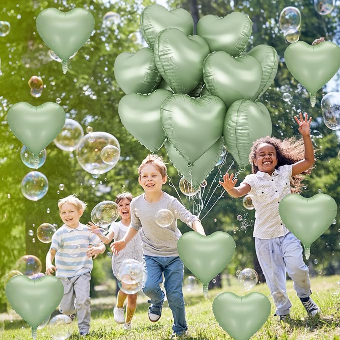 Sage Green Heart Foil Balloon, 10PCS Olive Green Heart Helium Balloons, Light Green Heart Shaped Mylar Balloons for Jungle Safari Party Birthday Graduation Garden Wedding Baby Shower Party Decorations