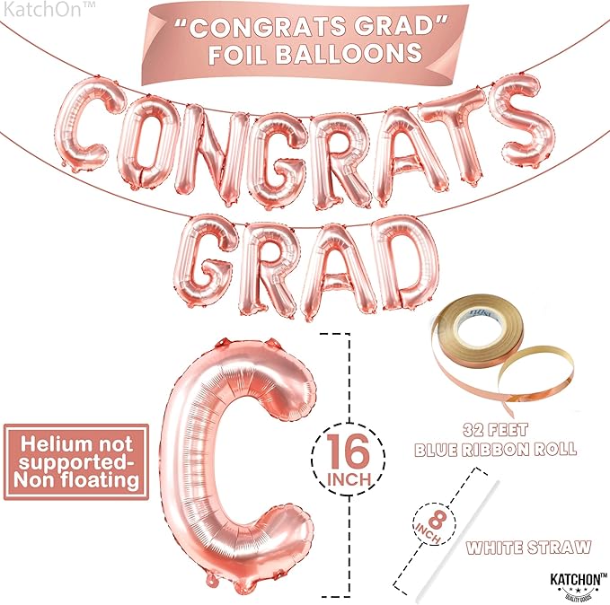 KatchOn, Rose Gold Congrats Grad Balloons - 16 Inch | Congrats Grad Balloon Banner For Graduation Decorations 2025 | Foil Balloon Banner For 2025 Graduation Party Decorations