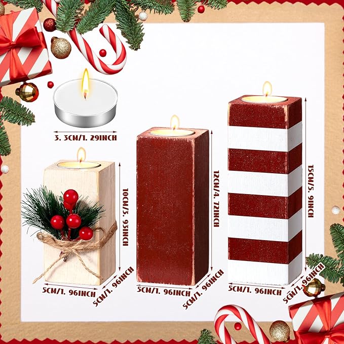 3 Pcs Christmas Candle Holders with Candles Wooden Xmas Tealight Candle Holders Decorations Red White Striped Votive Wood Candlestick Christmas Table Centerpiece for Xmas Party Favors Decor