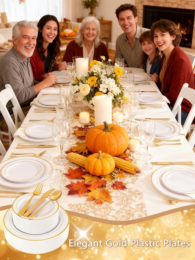 GATHER 350PCS White and Gold Plastic Plates - Disposable Plastic Dinnerware Set Include 50 Dinner Plates, 50 Dessert Plate, 150 Silverware, 50 Napkins, 50 Cups for Party & Wedding & Thanksgiving