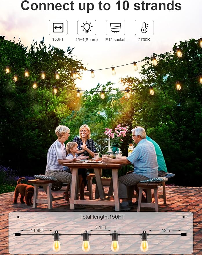 Svater Outdoor String Lights 150 FT, Patio Lights for Outside with Shatterproof Bulbs, IP65 Waterproof Commercial Grade LED Hanging Light for Backyard Bistro Market Cafe, Black