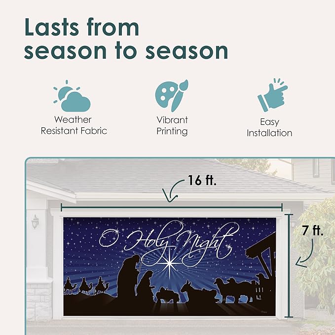 7' x 16' Peaceful O Holy Night Nativity Garage Door Banner - Designed to Move with Door | Sacred Christmas Double Garage Door Decoration