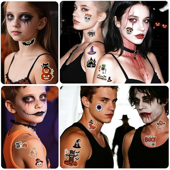 39 Sheets Halloween Glow Up Temporary Tattoos Women Men Adults, Skeleton Death Skull Pointed Black Hats Brooms Cauldrons Black Cats Half Arm Halloween Fake Tattoo, Scary Tattoos for Halloween Costume