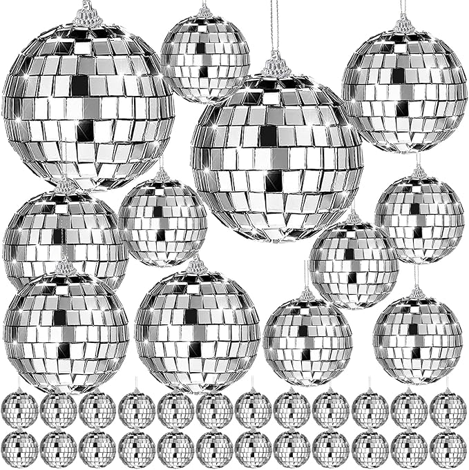 36 PCS Mirror Disco Ball,Mini Disco Balls Decoration,Disco Party Decorations Reflective Mirror Ball Ornaments,Small Silver Hanging Disco Balls for Christmas Tree,Themed Party,Wedding,4 Sizes