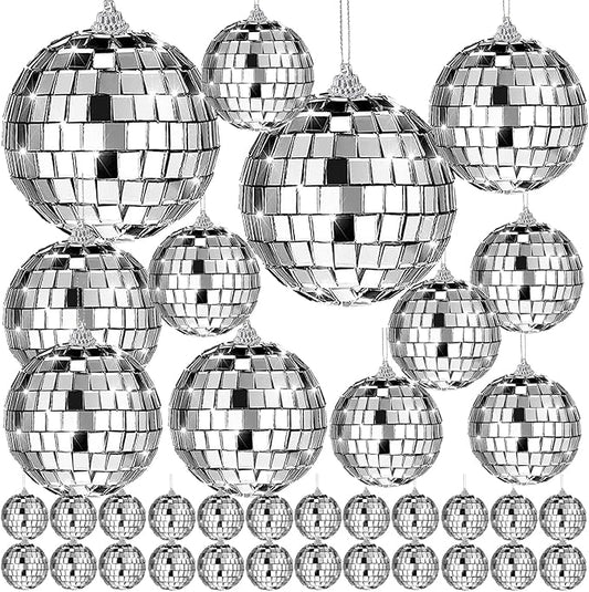 36 PCS Mirror Disco Ball,Mini Disco Balls Decoration,Disco Party Decorations Reflective Mirror Ball Ornaments,Small Silver Hanging Disco Balls for Christmas Tree,Themed Party,Wedding,4 Sizes