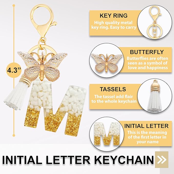 Initial Letter Keychain, Butterfly Keychain Cute Resin, Initial Keychain Backpack Charms, Key chain for Women, Girls