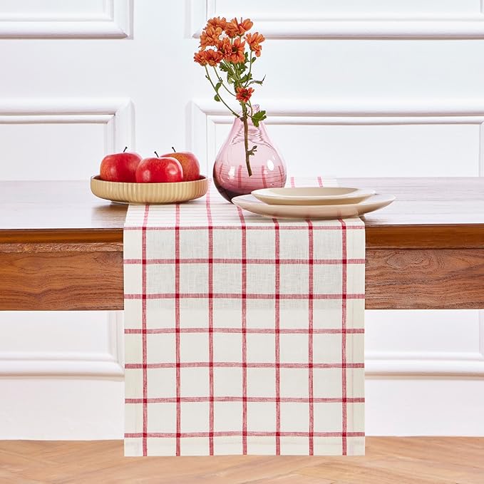Solino Home Linen Table Runner 108 Inches Long - 100% Pure Linen Windowpane Tofu/Red Table Runner 14 x 108 Inch for Dining, Fall, Autumn, Christmas, Xmas