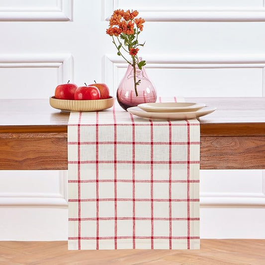 Solino Home Linen Plaid Table Runner 60 Inches - 100% Pure Linen Windowpane Tofu/Red Short Table Runner 14 x 60 Inch Ideal for Dresser and Coffee Tables - Christmas, Xmas