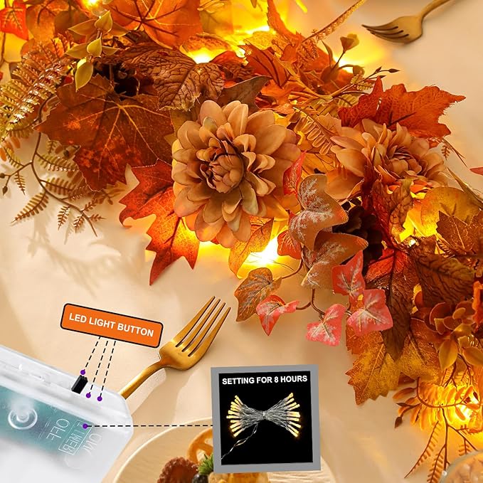 Fall Decor,6 FT Fall Garland for Mantel,Table Centerpiece, Home Porch Fireplace,Door, Lighted Autumn Decoration with Maple Leaves, Pumpkins,Flowers, Pinecones for Thanksgiving, Christmas