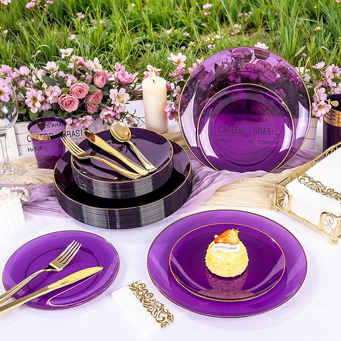 YOUBET 175PCS Purple Plastic Plates - Purple and Gold Disposable Plates Include 50 Plate, 75 Silverware, 25 Cups, 25 Napkins for Wedding & Party
