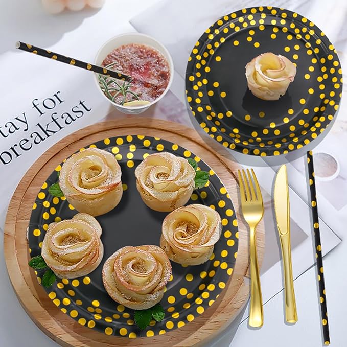 Sylken 186 Pieces Black and Gold Party Tableware Set - 25 Guests Paper Plates, Napkins,Paper Cups, and Tableware for Wedding Shower,graduations,cocktail parties,New Year Party,Birthday etc.