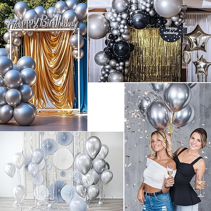 Metallic Silver Balloons 145 pcs Silver Decor Different Sizes of 18 12 10 5 Inch Chrome Balloons for Balloon Garland Arch as Wedding Graduation Anniversary Party Decorations