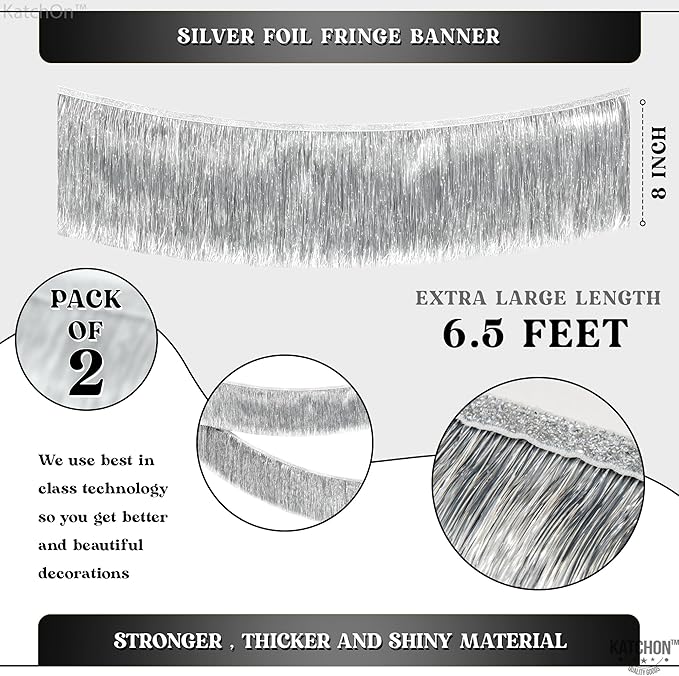 KatchOn, XtraLarge Silver Fringe Banner - 6.5 Feet, Pack of 2 | Fringe Garland for Party Prom Decorations 2025 | Silver Banner for Graduation Decorations 2025