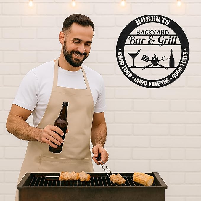 Custom BBQ Grill Metal Sign Personalized Name Wall Art for Outdoor Barbecue Patio Kitchen Backyard Decor Gift for Dad Husband Men Papa Grandpa Father Grilling Enthusiasts Family Lover Funny Gifts 09