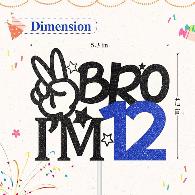Bro I'm 12 Cake Topper, 12th Birthday Decorations for Boy, Glitter Funny 12th Birthday Cake Topper, Big Brother 12 Year Old Birthday Party Decoration Supplies