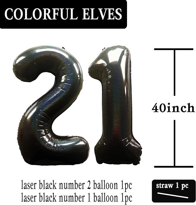 Laser Black Number 21 Balloons 40 Inch Giant Number Black 21 Foil Mylar Balloons 12th or 21st Birthday Anniversary Events Party Decorations