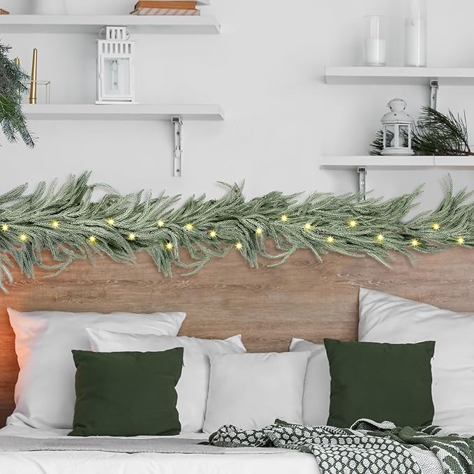 Fovths 1 Pack 9 Feet Christmas Norfolk Garlands Set Green Artificial Winter Pine Garlands Light String Faux Greenery Garland Pine Garland for Xmas Holiday Home Indoor Decor, Green and White
