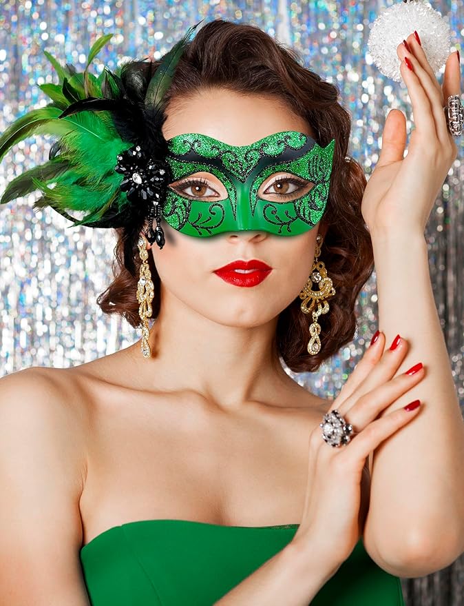 2025 New Green Masquerade Masks for Women with Feathers - Mardi Gras Masks for Women - Mascarade Venetian Mask for Masquerade Party, Halloween Cosplay Prom, Christmas,Birthday
