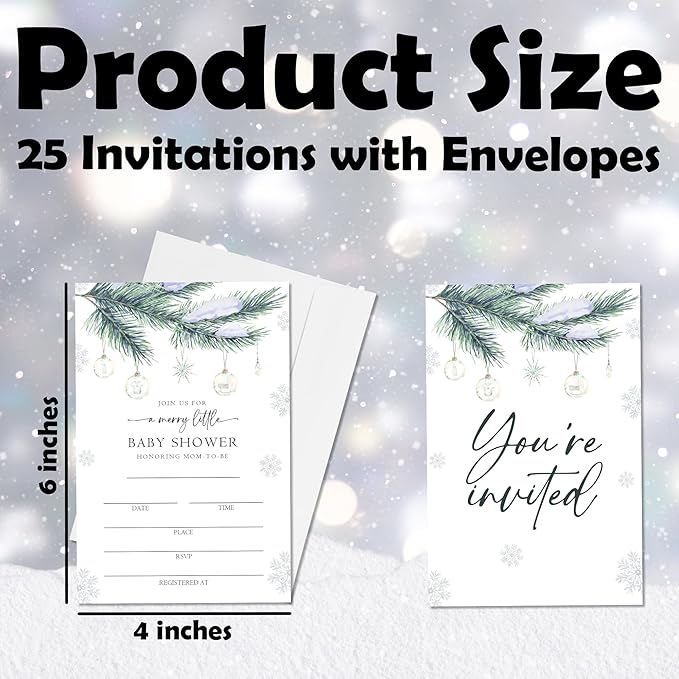 4'' x 6'' A Merry Little Baby Shower Invitations - Set of 25 Snowflake Invited Cards with Envelopes - Baby Announcement Invites for Boys & Girls, Winter Gender Reveal Party Supplies & Decor - A01