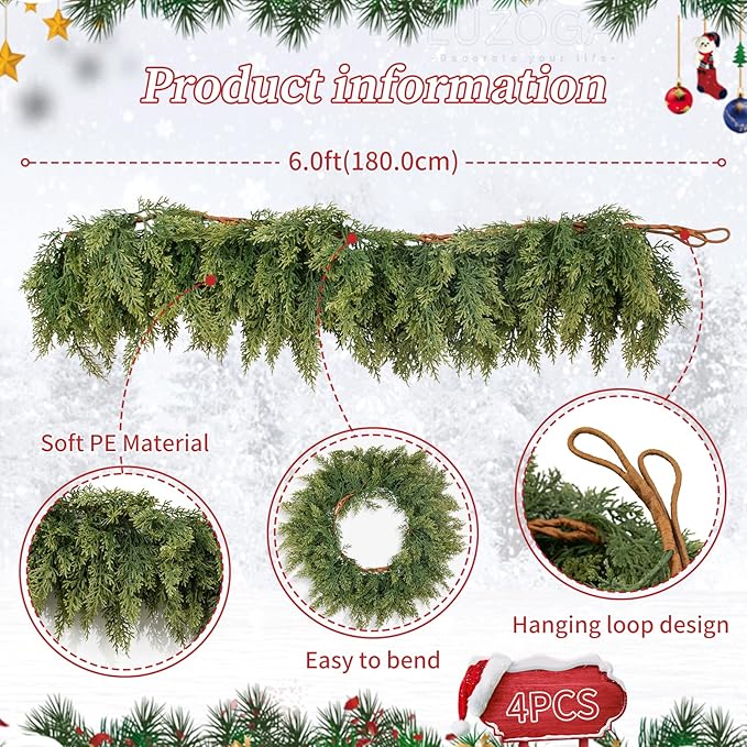 4 Pcs 6ft Real Touch Christmas Cedar Garland - Artificial Soft and Thickness Faux Green Full Cedar Pine Needles Garland for Fireplace Mantel, Table, Doorframe, Indoor Outdoor Xmas Holiday Decorations