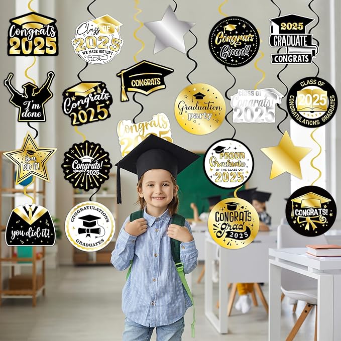 40Pcs Graduation Party Hanging Swirl Decorations, Black Glod Class of 2025 Congrats Grad Hanging Swirls Ceiling Decorations for 2025 Graduation Party Decor Supplies