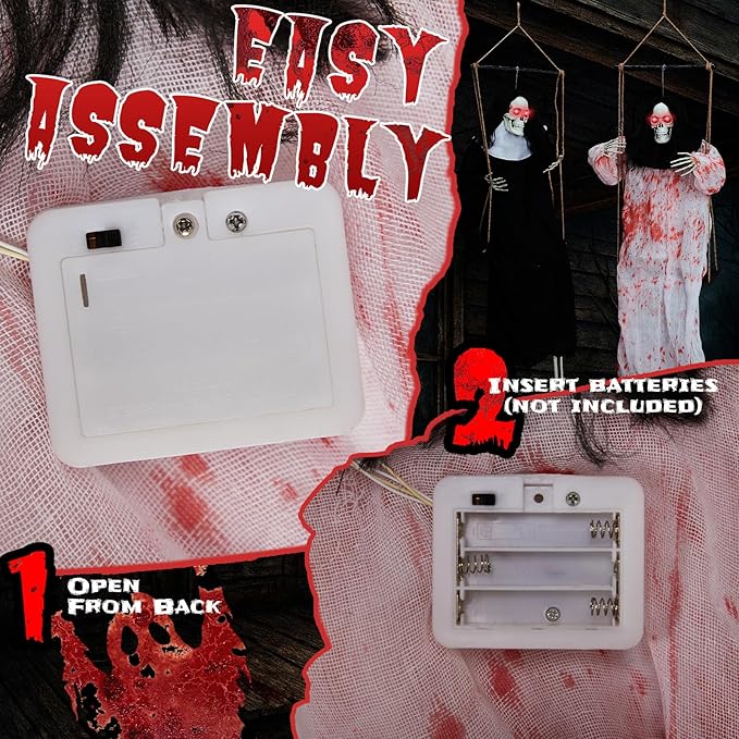 VINGLI Halloween Hanging Swining Skeleton Ghost with Creepy Sounds & Flashing Red Eyes, Scary 2 Pack for Indoor Haunted House Party & Outdoor Graves Scary Yard Garden Lawn Decoration.