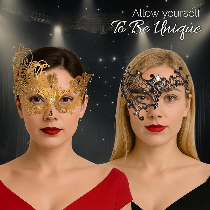 Masquerade Mask for Couples Women and Men - 3 Pack Venetian Gold and Black Lace, Mardi Gras Mask