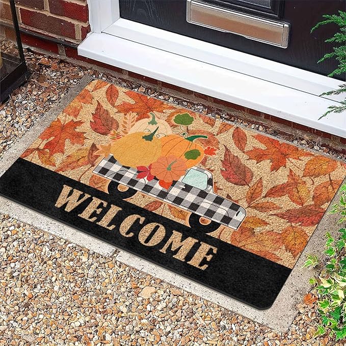 Fall Welcome Maple Leafs Decorative Door Mat, Autumn Thanksgiving Doormat for Indoor Outdoor Entrance Floor Mats,Fall Pumpkins Non Slip Harvest Vintage Decor Rubber Welcome Mats 16" x 24" Inch