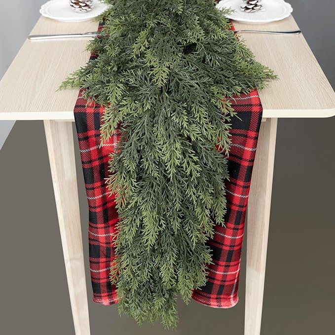 6FT Christmas Cedar Garlands, Real Touch Winter Cedar Pine Garland with Soft Thickness Pine, Green Artificial Greenery Garland for Table, Mantle, Fireplace, Wall, Indoor, Outdoor Christmas Decorations