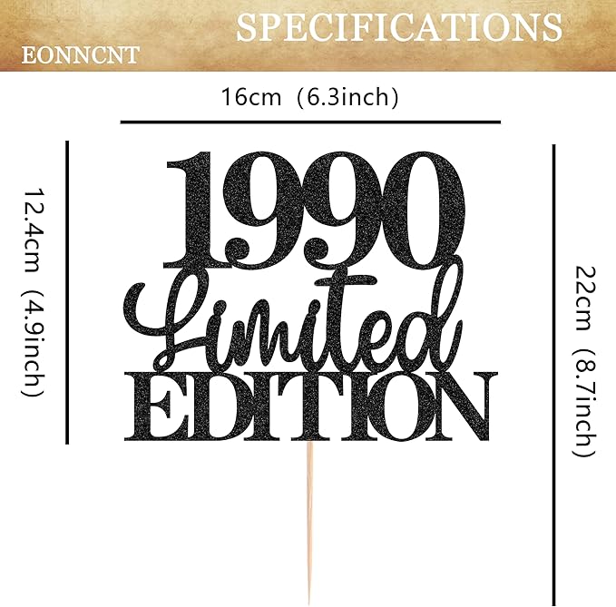 Limited EDITION 1990 Cake Topper - Black Glitter Happy 35th Birthday Party Cake Decoration Supplies, Cheer to 35 Years Cake Bunting Decor for 35th Birthday Party Photo Booth Props