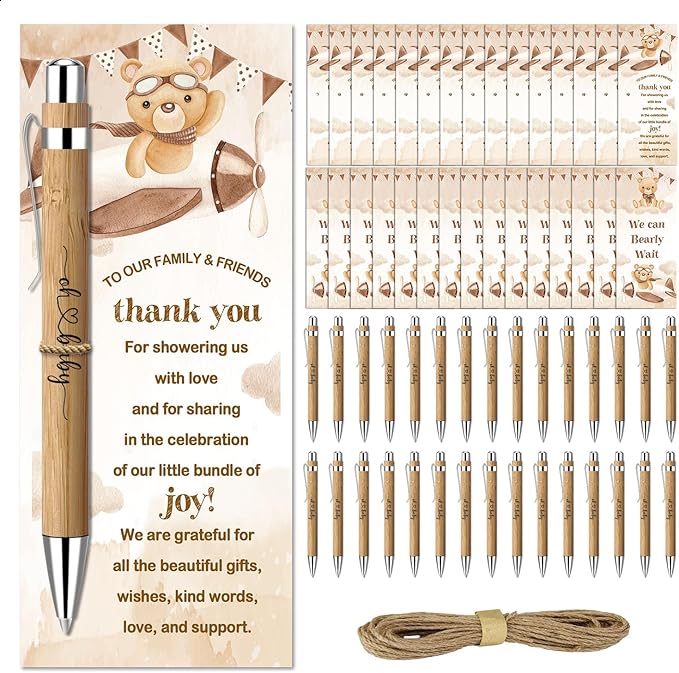 Toerifer Baby Shower Favors for 30 Guests, Baby Shower Set Gift Included 30 Pcs Bamboo Pens 30 Pcs Greeting Cards, Gender Reveal Souvenirs Prizes, Brown Bear We Can Bearly Wait Decor