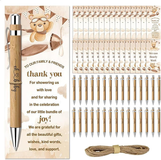 Toerifer Baby Shower Favors for 30 Guests, Baby Shower Set Gift Included 30 Pcs Bamboo Pens 30 Pcs Greeting Cards, Gender Reveal Souvenirs Prizes, Brown Bear We Can Bearly Wait Decor
