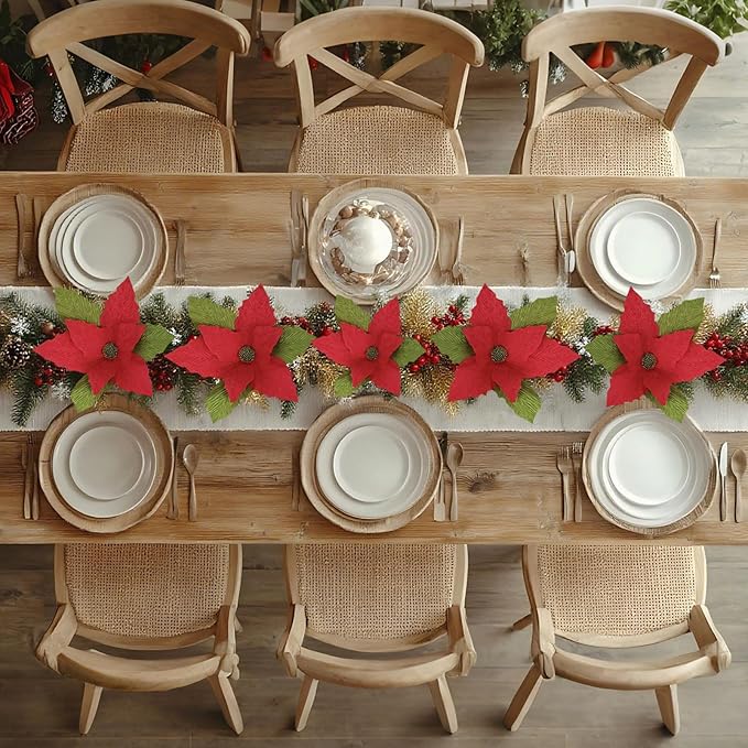 Handmade Poinsettia Christmas Flowers Decoration, Crepe Paper Poinsettia Flower with Clips Christmas Tree Artificial Flower Decorations with Stems for DIY Xmas Wreath Holiday Party Home Wall Decor