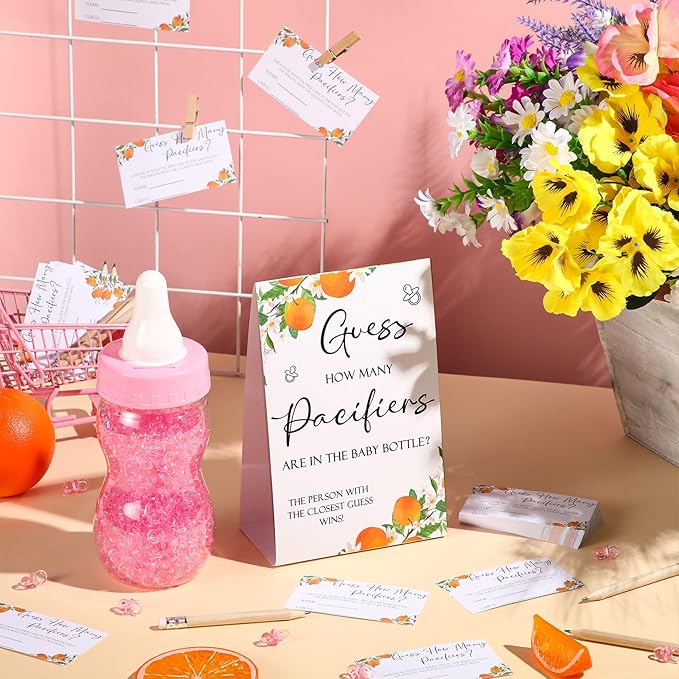 Roowest 512 Pcs Baby Shower Games Guess How Many Pacifiers Sign 100 Small Guessing Games 10 HB Pencils 750ml Milk Bottle 400 Acrylic Pacifiers Decoration for Guest Gender Reveal(Pink,Orange)