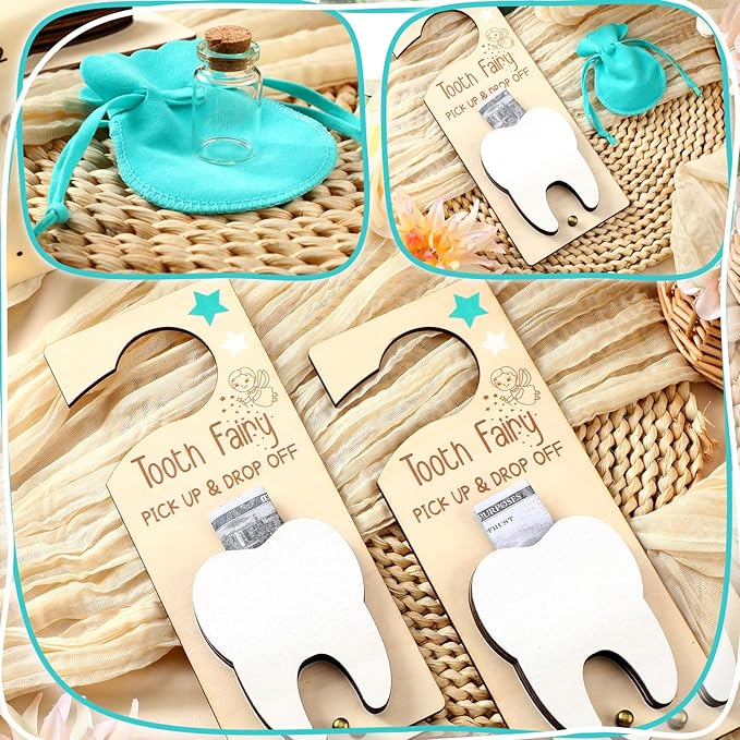 Tooth Fairy Holder Bag Hanger with Money Slot Keepsake Bottle Velvet Pouch Tooth Fairy Box Encourage Gift for Lost Teeth Boy Girl Milk(Classic,Lake Blue)