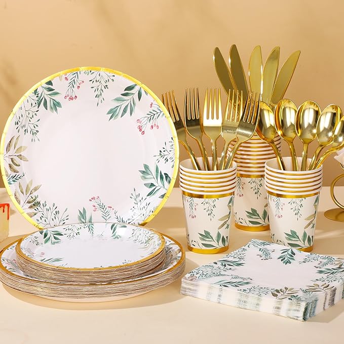 Sage Green Party Plates and Cups and Napkins Sets,Green Paper Plates Party Supplies Include Green Plates Napkin Cup Plastic Spoon Fork Knive for Baby Shower,Engagement Party Decorations,Serves 24